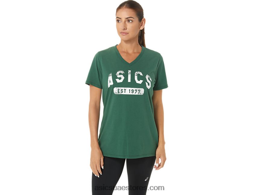 Asics صياد هيذر الخضراء المرأة قصيرة الأكمام تأسست عام 1977 تي شيرت الخامس الرقبة 2N24DJ2726