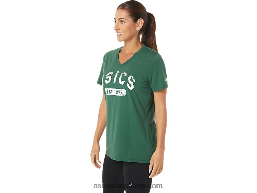 Asics صياد هيذر الخضراء المرأة قصيرة الأكمام تأسست عام 1977 تي شيرت الخامس الرقبة 2N24DJ2726