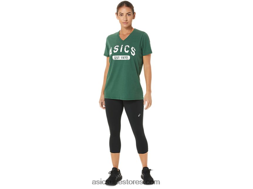 Asics صياد هيذر الخضراء المرأة قصيرة الأكمام تأسست عام 1977 تي شيرت الخامس الرقبة 2N24DJ2726