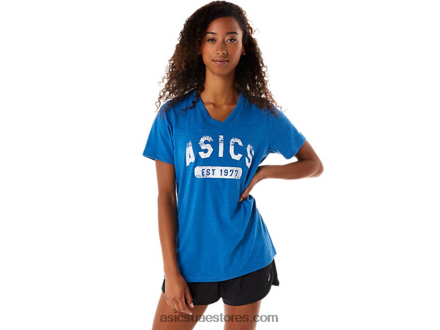 Asics محرك البحيرة المرأة قصيرة الأكمام تأسست عام 1977 تي شيرت الخامس الرقبة 2N24DJ2982