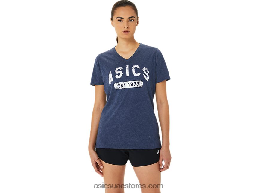 Asics هيذر الطاووس المرأة قصيرة الأكمام تأسست عام 1977 تي شيرت الخامس الرقبة 2N24DJ3202