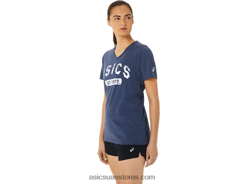Asics هيذر الطاووس المرأة قصيرة الأكمام تأسست عام 1977 تي شيرت الخامس الرقبة 2N24DJ3202