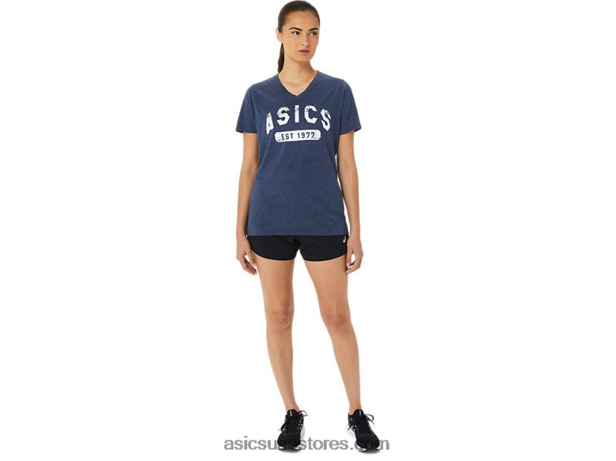 Asics هيذر الطاووس المرأة قصيرة الأكمام تأسست عام 1977 تي شيرت الخامس الرقبة 2N24DJ3202