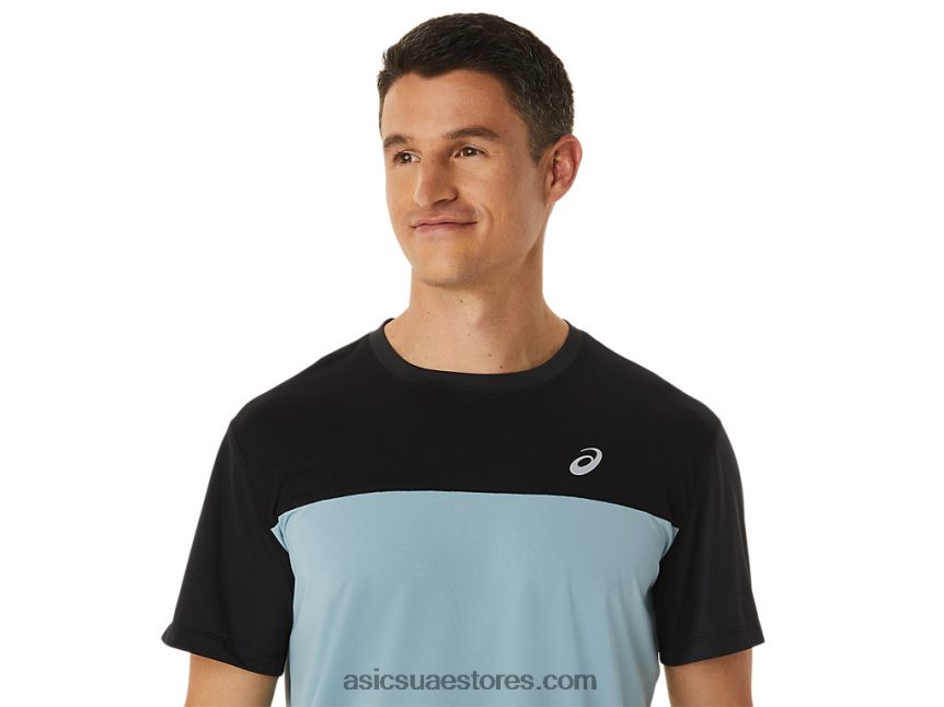Asics أداء أسود / فولاذ خفيف الرجال أعلى قصيرة الأكمام سباق 2N24DJ1028