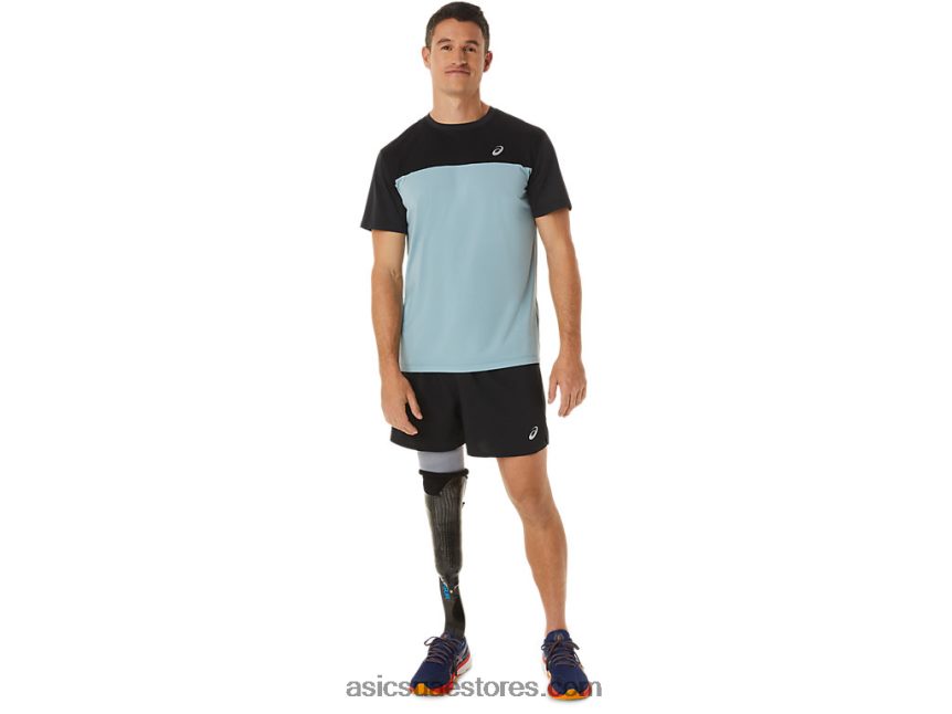 Asics أداء أسود / فولاذ خفيف الرجال أعلى قصيرة الأكمام سباق 2N24DJ1028