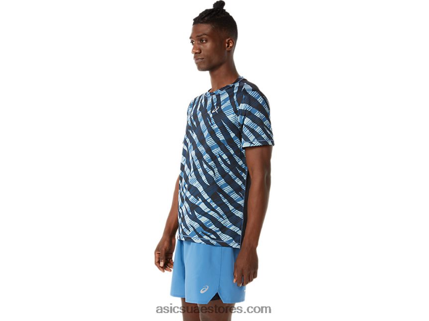 Asics اللازوردية / الأداء الأسود أعلى الرجال البرية كامو قصيرة الأكمام 2N24DJ1058