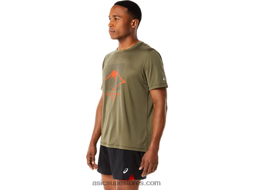 Asics عباءة خضراء توب قصير الأكمام بشعار فوجيتريل للرجال 2N24DJ1091