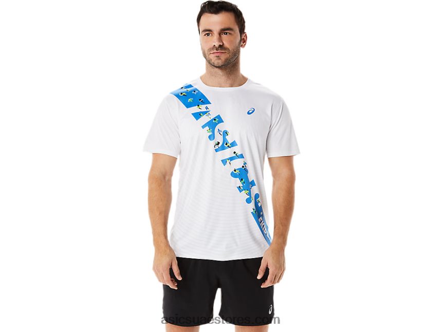 Asics ساحل أبيض / أزرق لامع قميص إيكيدن للرجال بأكمام قصيرة 2N24DJ1101