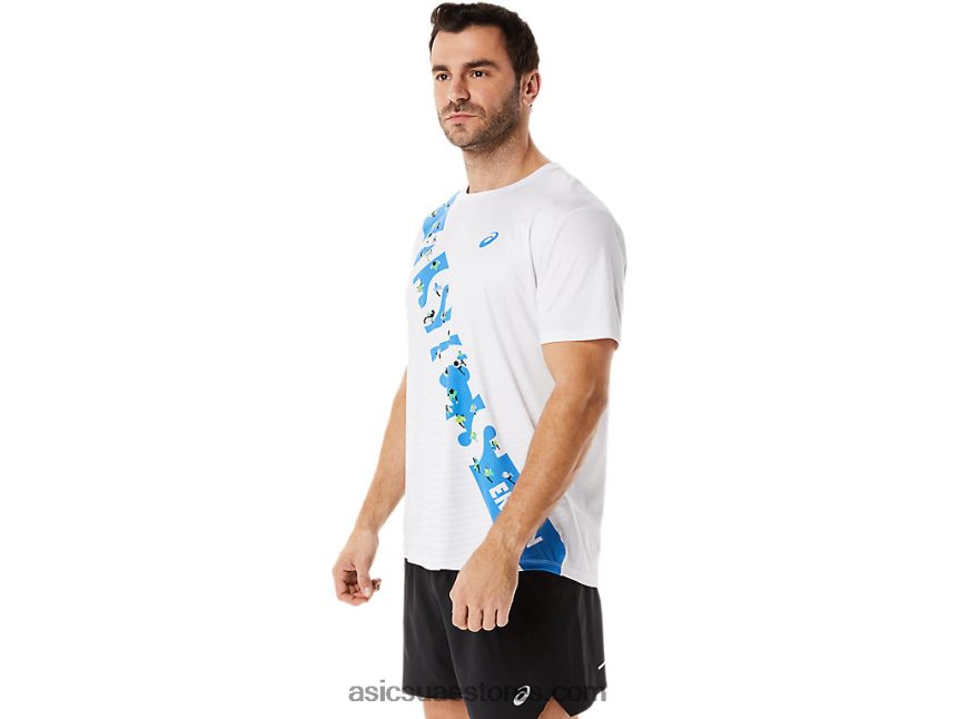 Asics ساحل أبيض / أزرق لامع قميص إيكيدن للرجال بأكمام قصيرة 2N24DJ1101