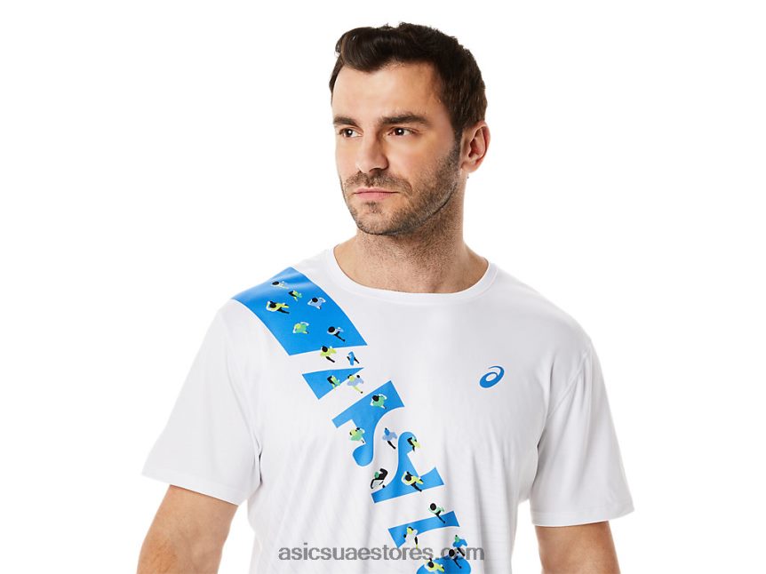 Asics ساحل أبيض / أزرق لامع قميص إيكيدن للرجال بأكمام قصيرة 2N24DJ1101
