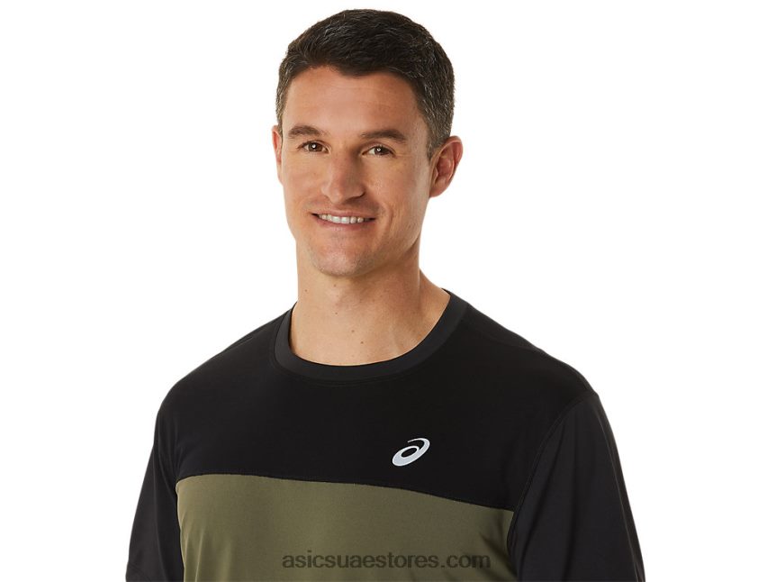 Asics أداء أسود / عباءة خضراء الرجال أعلى قصيرة الأكمام سباق 2N24DJ1116