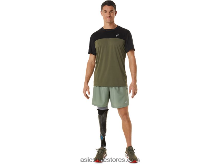 Asics أداء أسود / عباءة خضراء الرجال أعلى قصيرة الأكمام سباق 2N24DJ1116