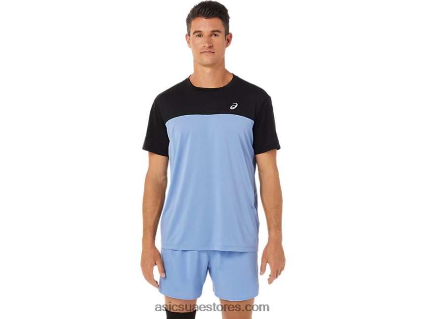 Asics أداء وئام أسود / أزرق الرجال أعلى قصيرة الأكمام سباق 2N24DJ1320