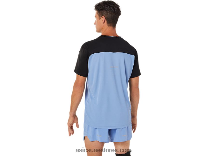 Asics أداء وئام أسود / أزرق الرجال أعلى قصيرة الأكمام سباق 2N24DJ1320