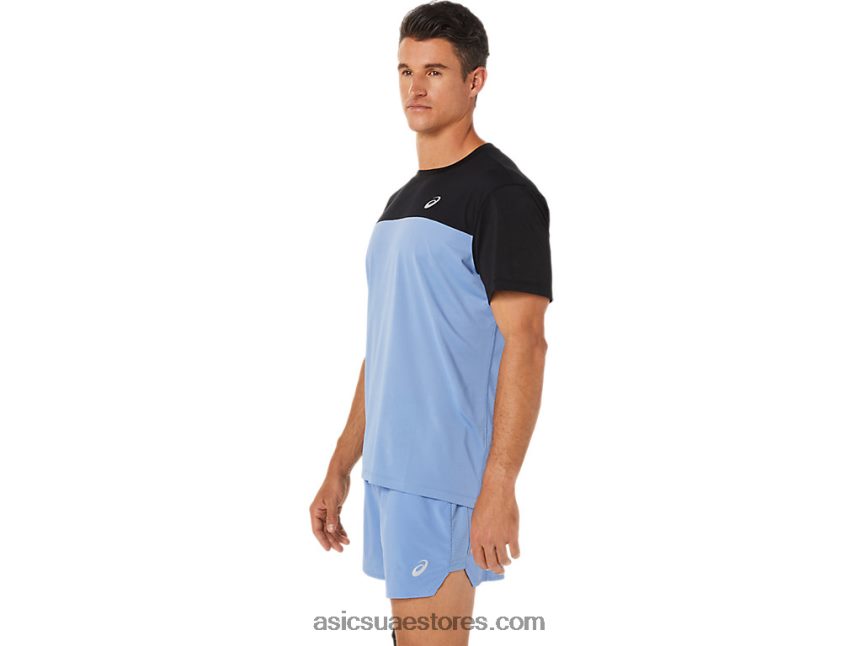 Asics أداء وئام أسود / أزرق الرجال أعلى قصيرة الأكمام سباق 2N24DJ1320