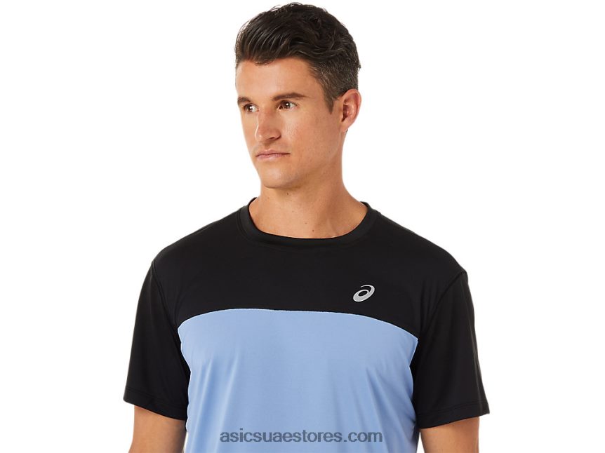 Asics أداء وئام أسود / أزرق الرجال أعلى قصيرة الأكمام سباق 2N24DJ1320