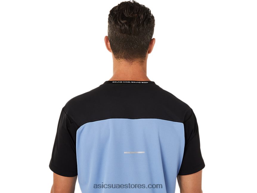 Asics أداء وئام أسود / أزرق الرجال أعلى قصيرة الأكمام سباق 2N24DJ1320