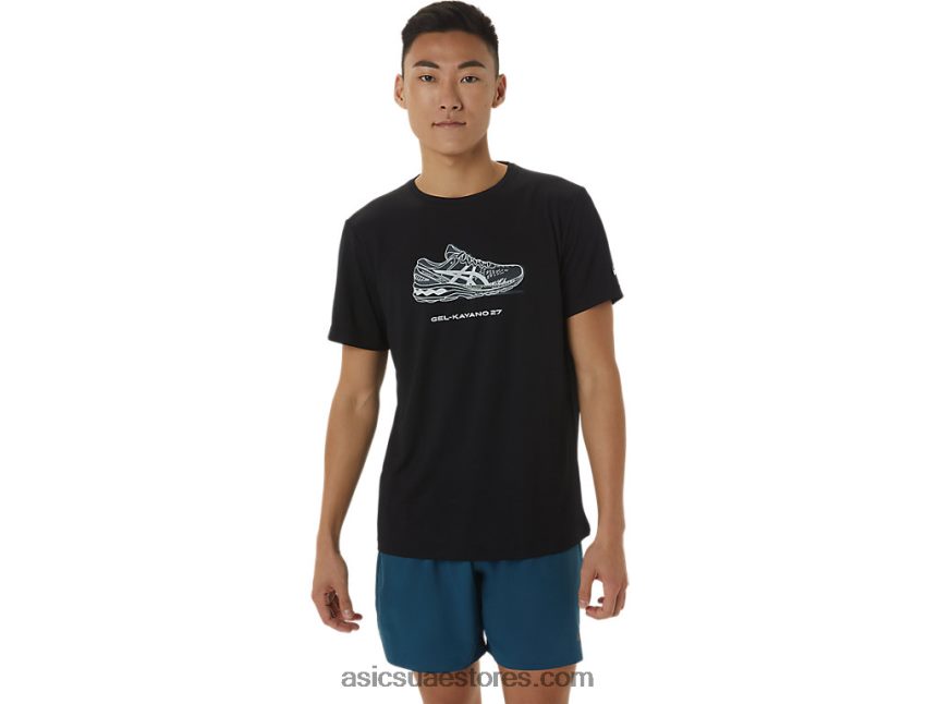 Asics أسود الأداء تي شيرت بأكمام قصيرة برسومات حذاء 2N24DJ1380