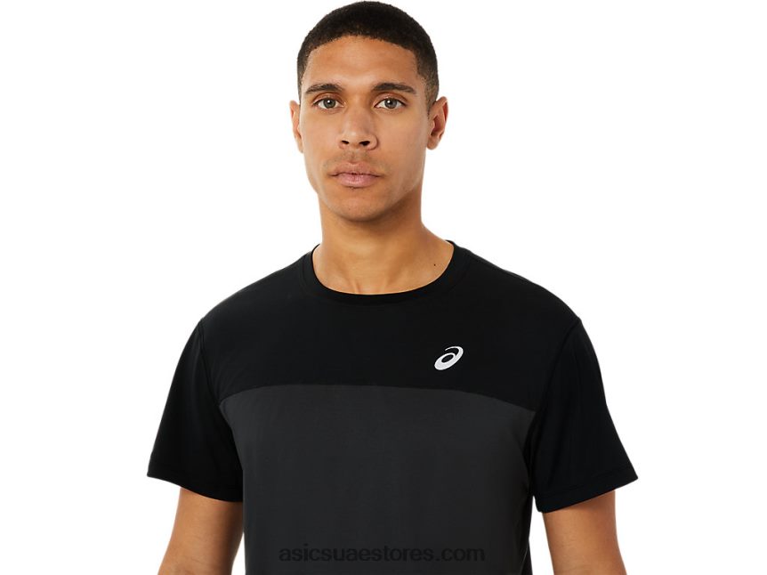 Asics أداء أسود / رمادي جرافيت الرجال أعلى قصيرة الأكمام سباق 2N24DJ1396