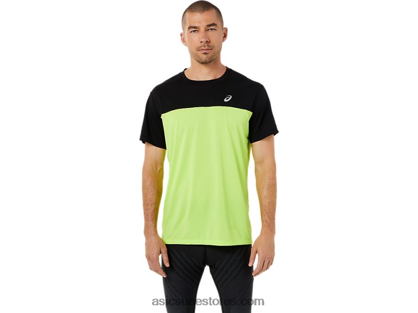 Asics أداء أسود / خطر أخضر الرجال أعلى قصيرة الأكمام سباق 2N24DJ1415