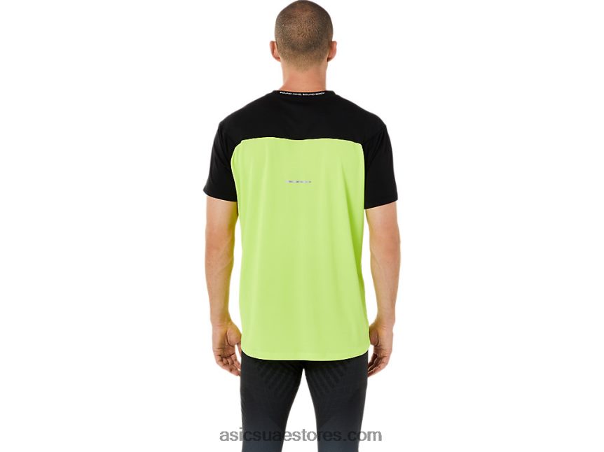 Asics أداء أسود / خطر أخضر الرجال أعلى قصيرة الأكمام سباق 2N24DJ1415