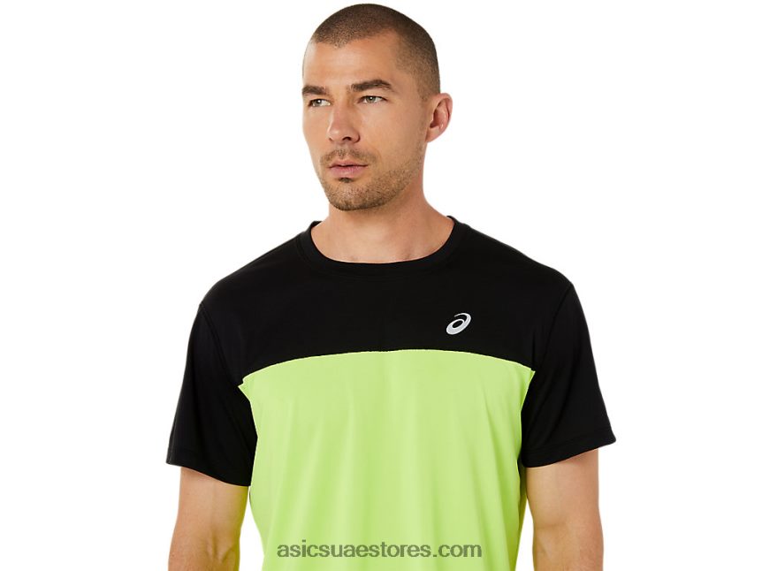 Asics أداء أسود / خطر أخضر الرجال أعلى قصيرة الأكمام سباق 2N24DJ1415