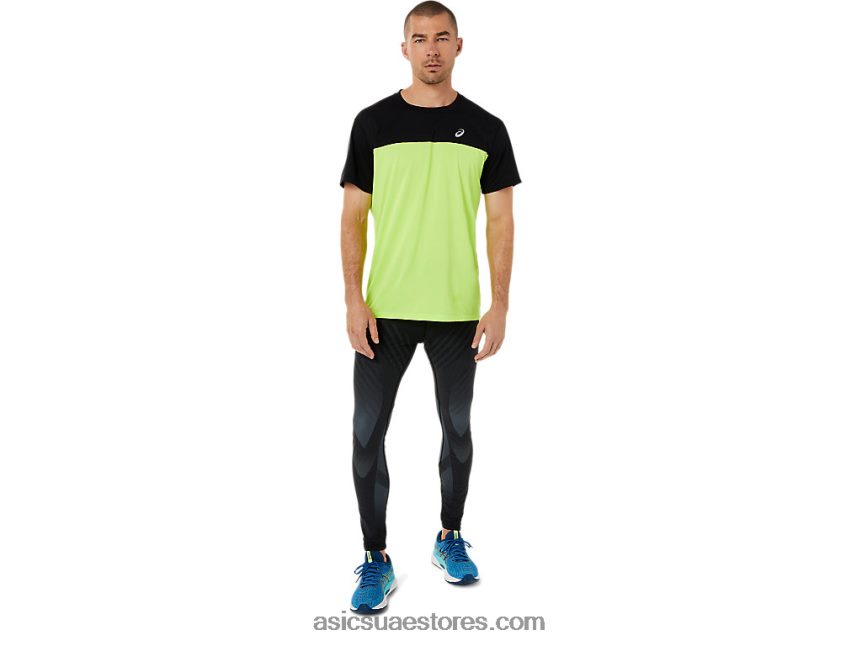 Asics أداء أسود / خطر أخضر الرجال أعلى قصيرة الأكمام سباق 2N24DJ1415
