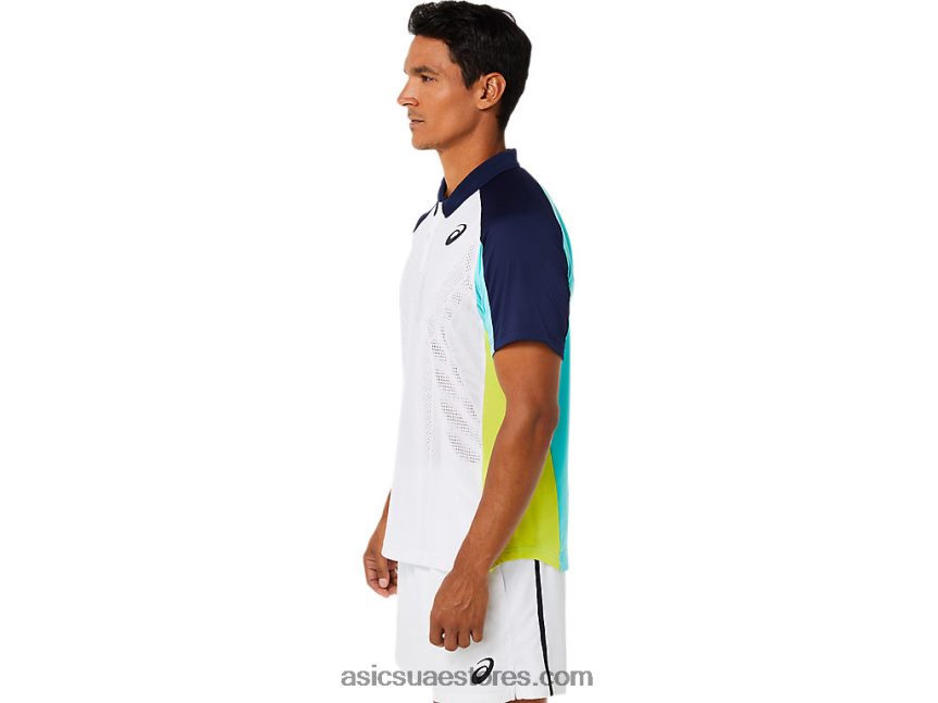 Asics أبيض لامع / نعناع مثلج قميص بولو مباراة رجالية 2N24DJ1504