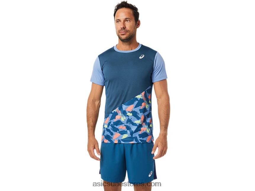 Asics النيلي الفاتح تي شيرت بأكمام قصيرة برسومات محكمة للرجال 2N24DJ1508
