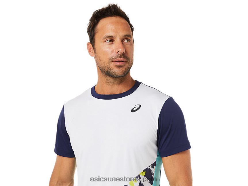 Asics أبيض لامع تي شيرت بأكمام قصيرة برسومات محكمة للرجال 2N24DJ1531