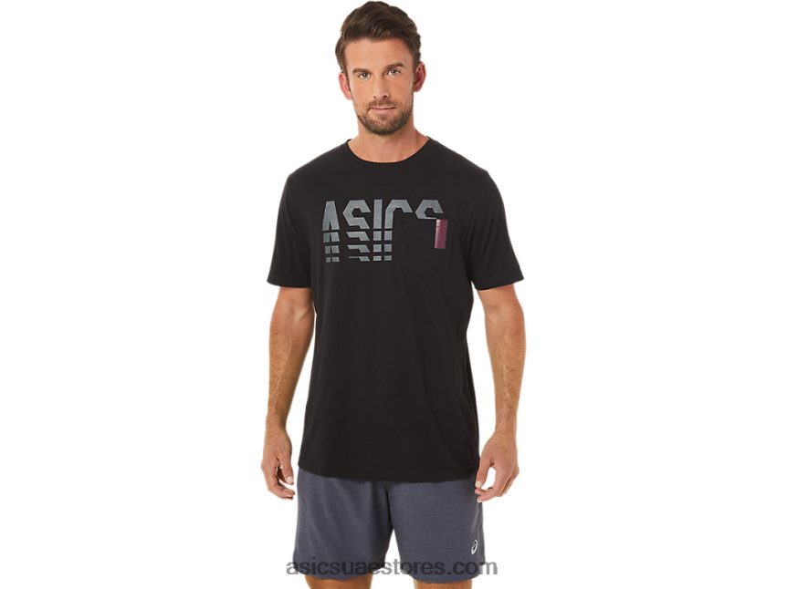Asics أسود الأداء كم قصير مخطط المحملة جيب 2N24DJ1650