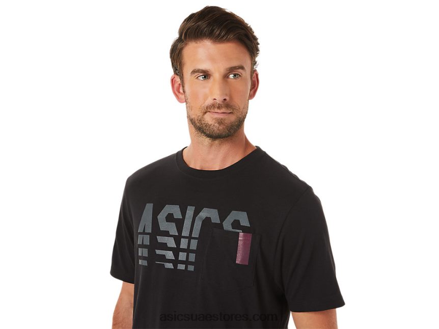 Asics أسود الأداء كم قصير مخطط المحملة جيب 2N24DJ1650