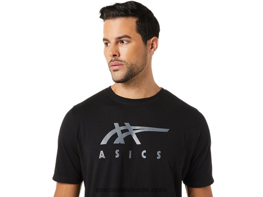 Asics أسود الأداء كم قصير شريطية 2N24DJ1716