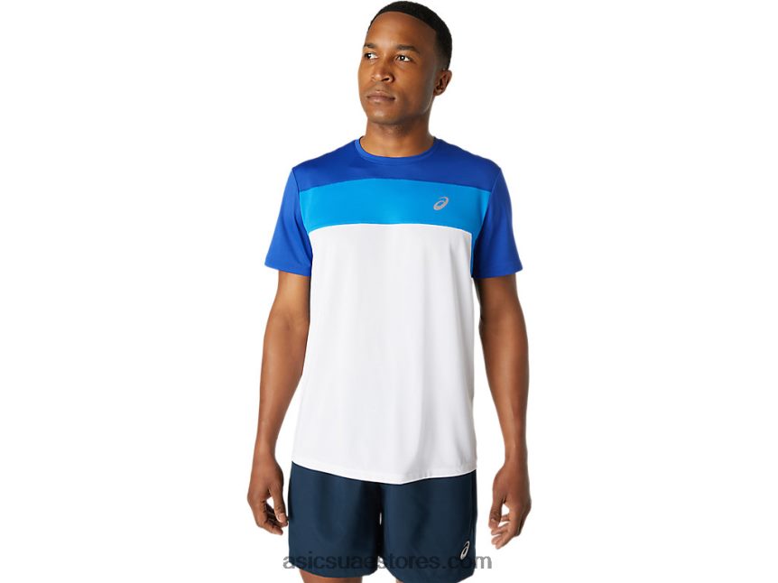 Asics لامع أبيض / موناكو الأزرق الرجال أعلى قصيرة الأكمام سباق 2N24DJ1745