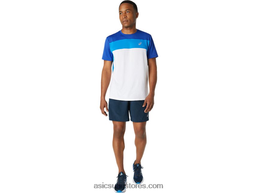 Asics لامع أبيض / موناكو الأزرق الرجال أعلى قصيرة الأكمام سباق 2N24DJ1745