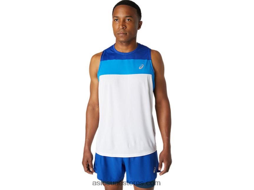 Asics لامع أبيض / موناكو الأزرق القميص سباق الرجال 2N24DJ1746