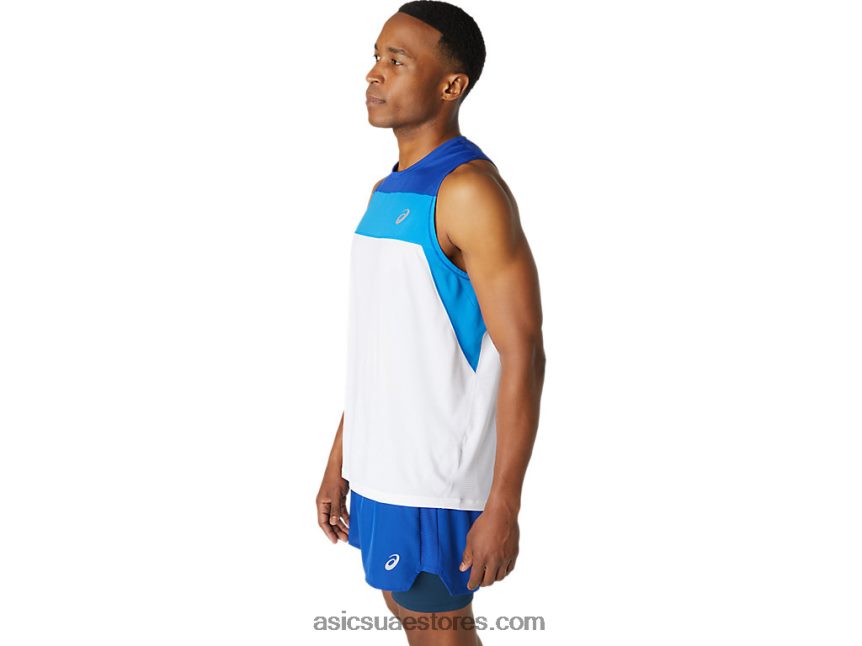Asics لامع أبيض / موناكو الأزرق القميص سباق الرجال 2N24DJ1746