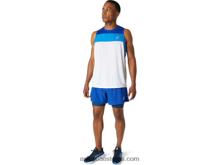 Asics لامع أبيض / موناكو الأزرق القميص سباق الرجال 2N24DJ1746