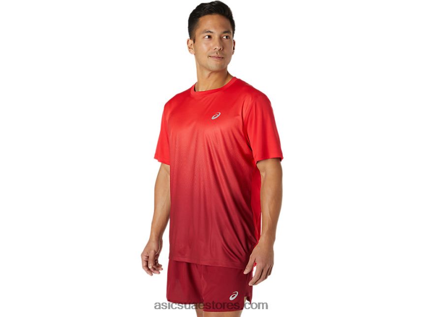 Asics أحمر كهربائي / بورجوندي توب كاسان للرجال بأكمام قصيرة 2N24DJ1778