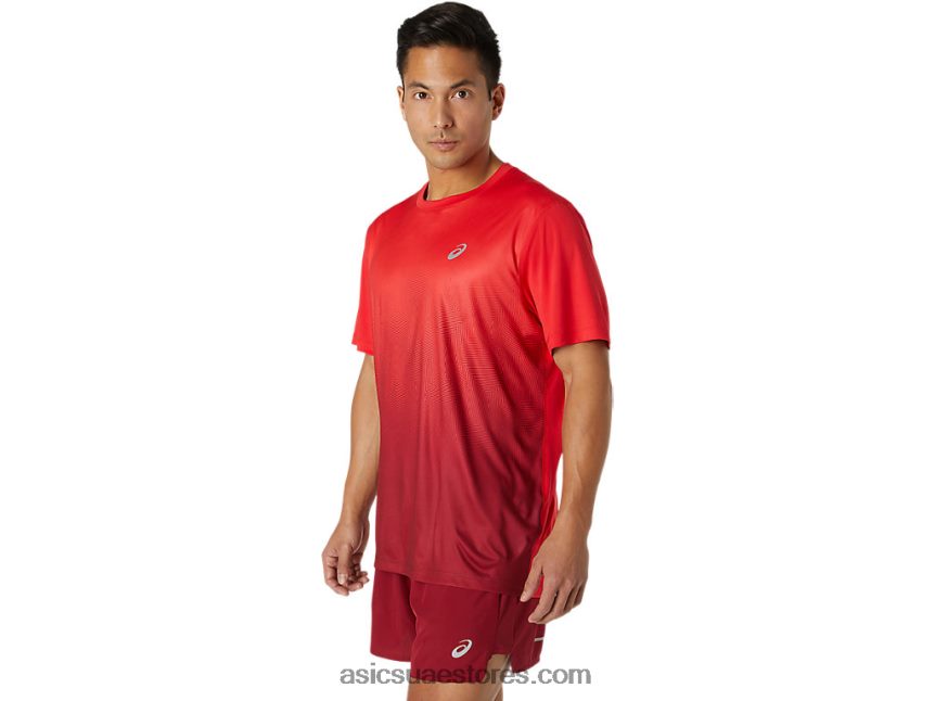 Asics أحمر كهربائي / بورجوندي توب كاسان للرجال بأكمام قصيرة 2N24DJ1778