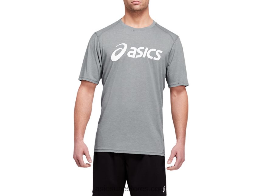 Asics صفيحة هيذر الصخري / أبيض توب تريبليند للرجال بأكمام قصيرة للتدريب 2N24DJ1987