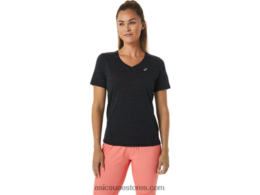 Asics أداء أسود / رمادي فحمي المرأة سباق الخامس الرقبة قصيرة الأكمام الأعلى 2N24DJ2448
