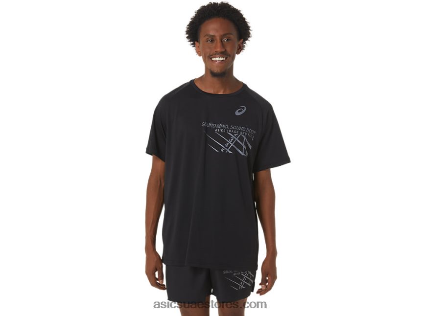 Asics أسود الأداء خط النهاية رسم قصير الأكمام للرجال 2N24DJ249