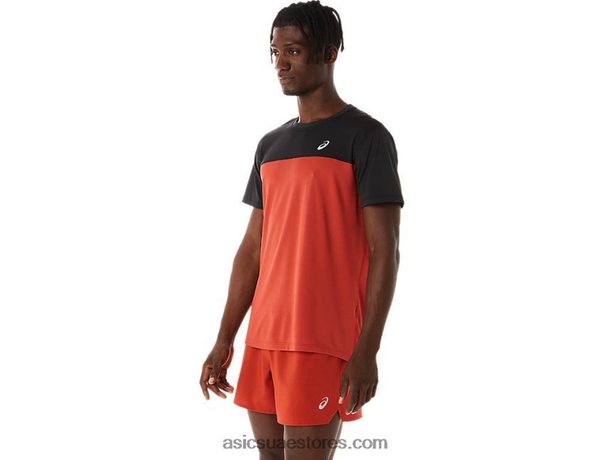 Asics أداء أسود / سبايس لاتيه الرجال أعلى قصيرة الأكمام سباق 2N24DJ272