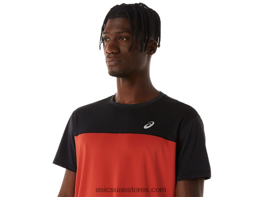 Asics أداء أسود / سبايس لاتيه الرجال أعلى قصيرة الأكمام سباق 2N24DJ272