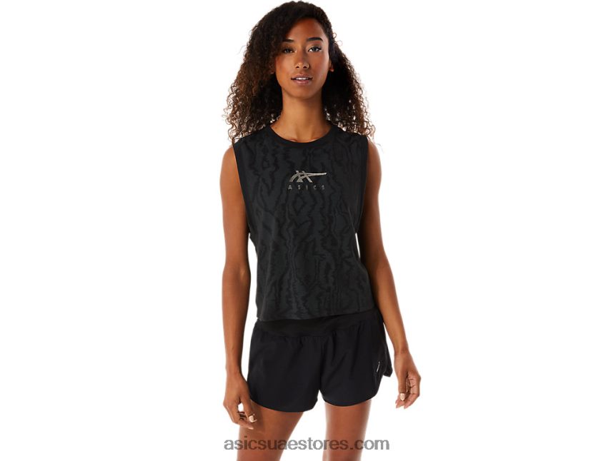 Asics أسود الأداء كل انحاء المرأة المحاصيل العضلية المطبوعة 2N24DJ3145