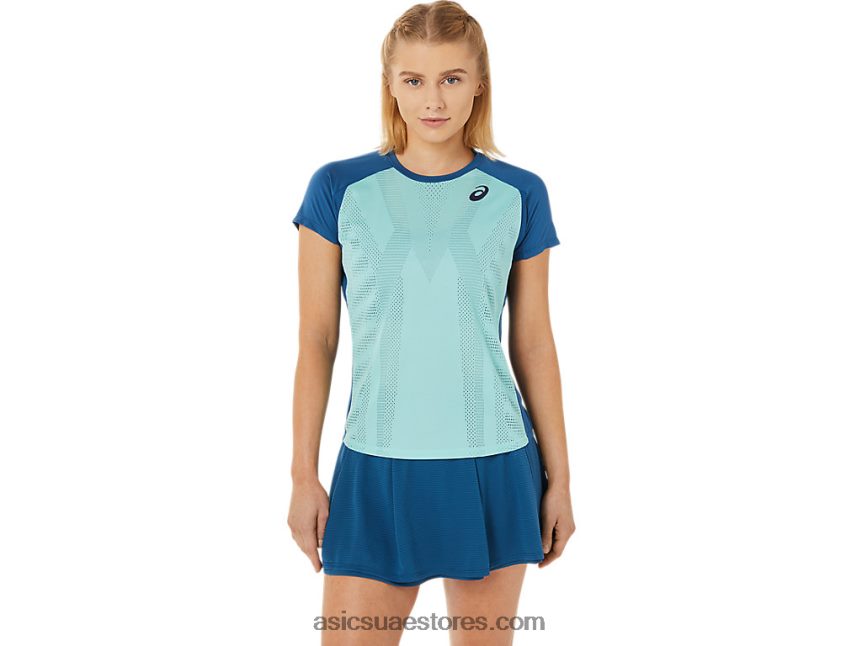 Asics واحة خضراء / نيلي فاتح تي شيرت بأكمام قصيرة برسومات مباراة نسائية 2N24DJ3526