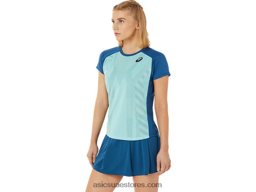 Asics واحة خضراء / نيلي فاتح تي شيرت بأكمام قصيرة برسومات مباراة نسائية 2N24DJ3526