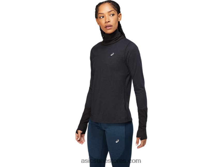 Asics أداء أسود / رمادي جرافيت المرأة طويلة الأكمام الضلع الصوف الأعلى 2N24DJ3621