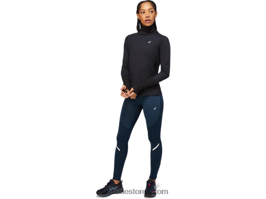 Asics أداء أسود / رمادي جرافيت المرأة طويلة الأكمام الضلع الصوف الأعلى 2N24DJ3621